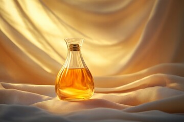 Elegant glass perfume bottle with amber liquid on soft fabric backdrop illuminated by warm light