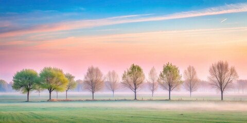 Naklejka premium Serene Minimalist Landscape of Soft Colored Trees in an Open Field