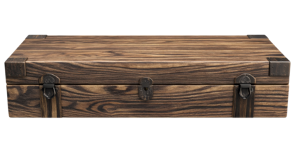 Wooden chest with vintage design featuring metal clasps and rustic finish suitable for storage or decor