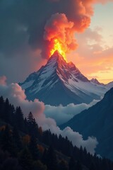 A colossal bonfire rises high in the mountain air with smoke and flames, mountains, smoke