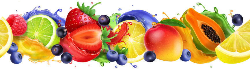Fruit Mix Seamless Pattern, Tropical fruits and mixed berries in juice splash. Lemon, mango, raspberry, strawberry, blueberry, blackberry lime. 3d realistic