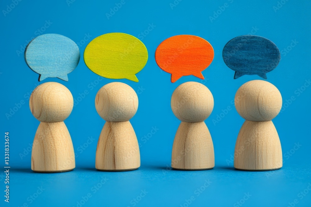 Poster wooden figures engaged in conversation with colorful speech bubbles against a blue background