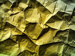 Crumpled yellow paper texture showcasing intricate folds and shadows, ideal for backgrounds