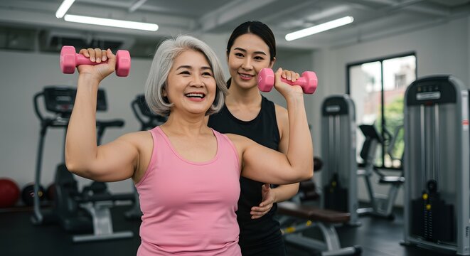 Senior woman lifting pink dumbbells with a smile while training with a personal trainer in a gym, promoting fitness, strength, and active aging.