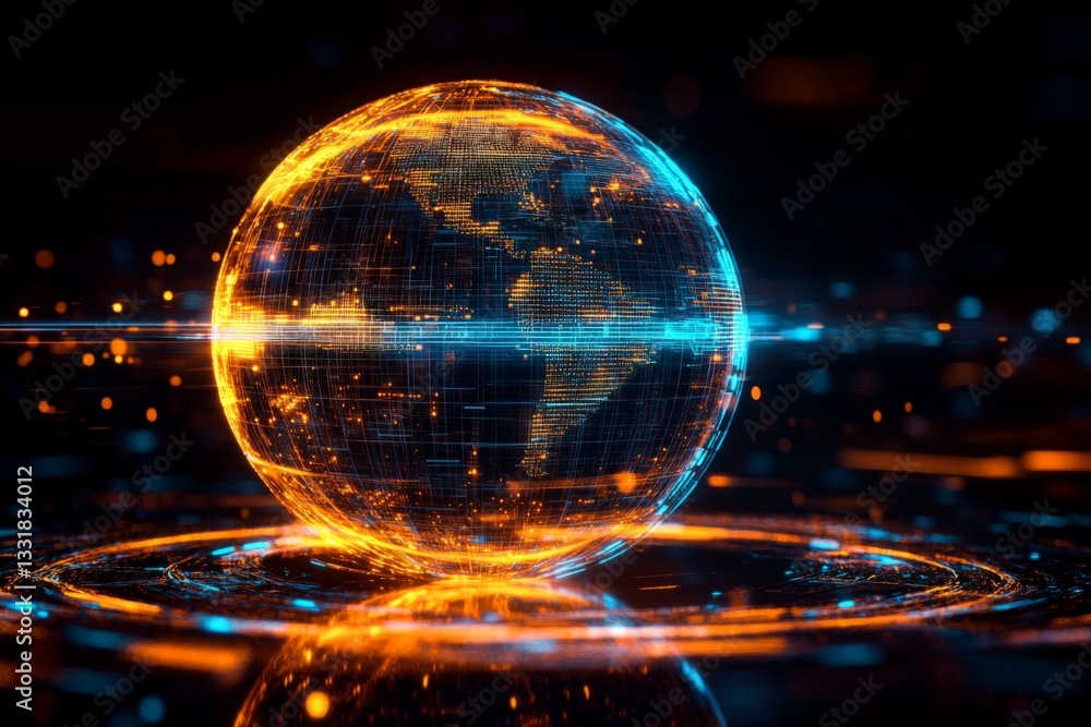 Poster Visual representation of a glowing globe with dynamic lights against a dark backdrop showcasing connectivity and technology
