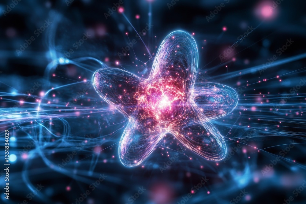 Poster High-energy abstract representation of a glowing particle in a vibrant quantum field