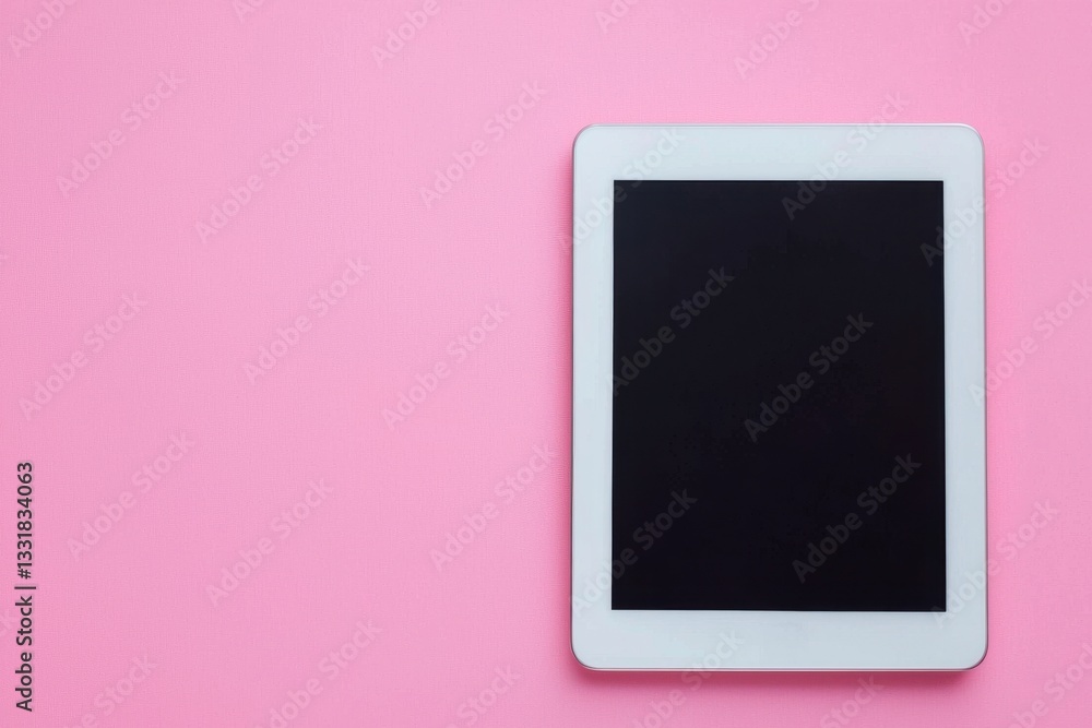 Fototapete minimalist composition with a white tablet computer on a pastel pink background, providing ample bla
