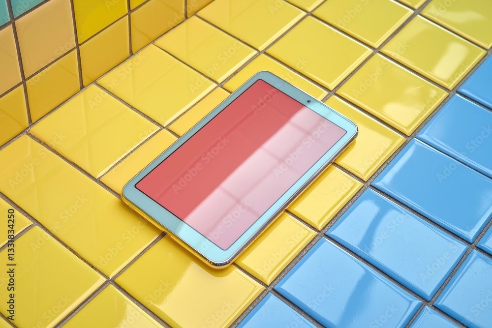 Poster vibrant image of a modern tablet computer with red screen over yellow and blue tiles, showcasing tec