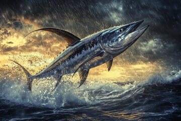 Fototapeta premium Majestic tuna leaps from turbulent ocean waves under dramatic stormy sky at dusk