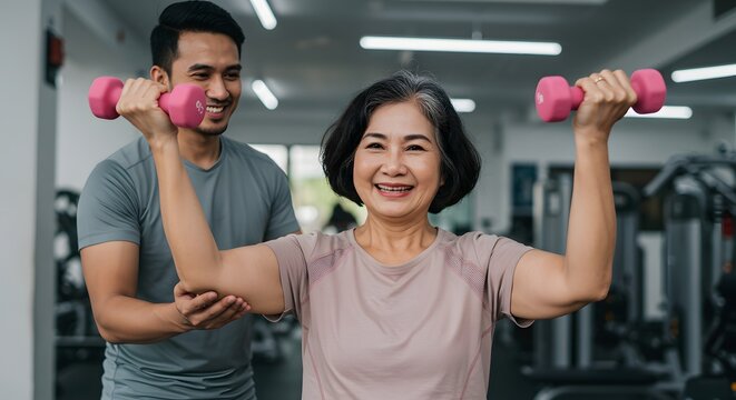 Senior woman lifting pink dumbbells with a smile while training with a personal trainer in a gym, promoting fitness, strength, and active aging.