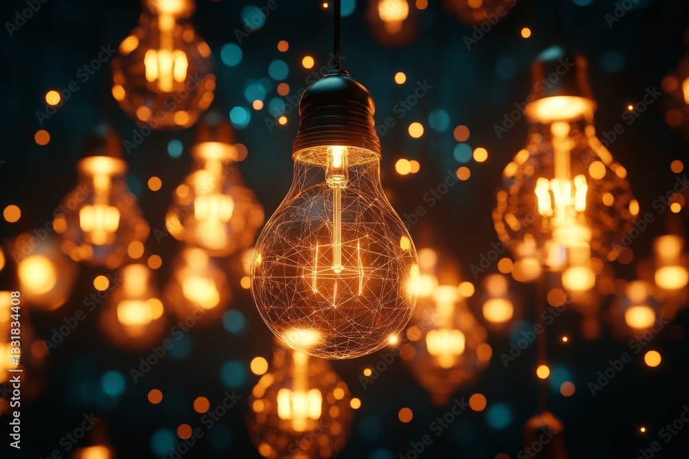 Poster Unique lights create a warm and inviting atmosphere in a dimly lit room during the evening