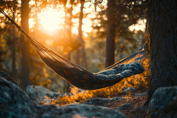 Serene sunset hammock scene in peaceful forest trees calm blue view sleep woods green image nature