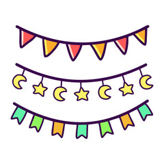 vector illustration of three festive garlands, featuring colorful pennants, crescent moons, and stars
