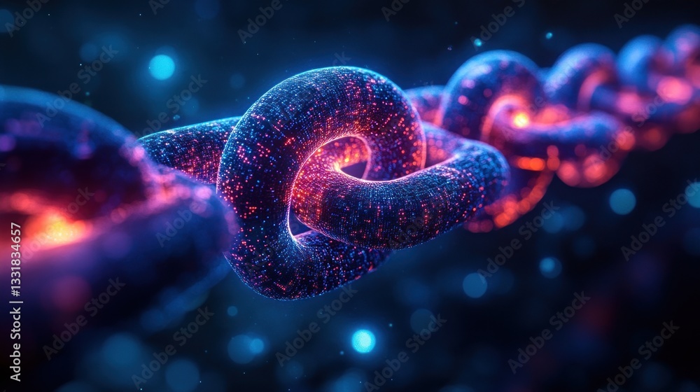 Poster futuristic blockchain concept with interconnected digital chains and abstract tech background