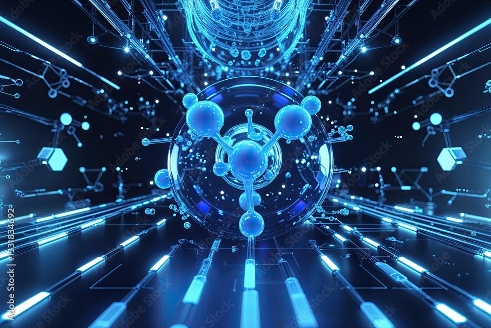Poster dynamic abstract technology background in blue with molecular elements and light effects