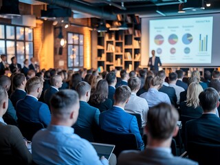Engaged Audience in Professional Conference Room Listening to Keynote Speaker, business conference, keynote speaker, corporate event, professional seminar, industry summit, business networking, 