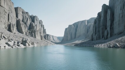 A large body of water sits in a rocky valley