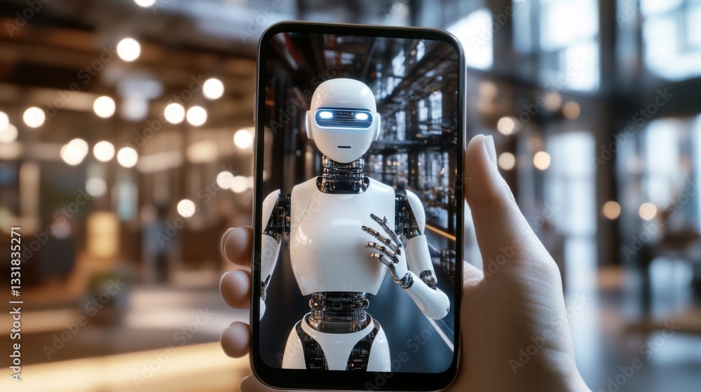 Poster hand holding a smartphone displaying a humanoid robot with glowing eyes on its screen