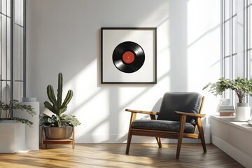 An iconic rare vinyl album framed and displayed as a centerpiece in a minimalist room, spotlighted with modern decor