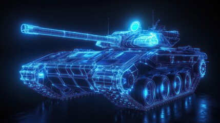 Blue glowing tank, dark background, military concept, 3D render