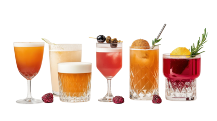 Colorful cocktails arranged on display showcasing a variety of fruits and garnishes for an elegant evening gathering