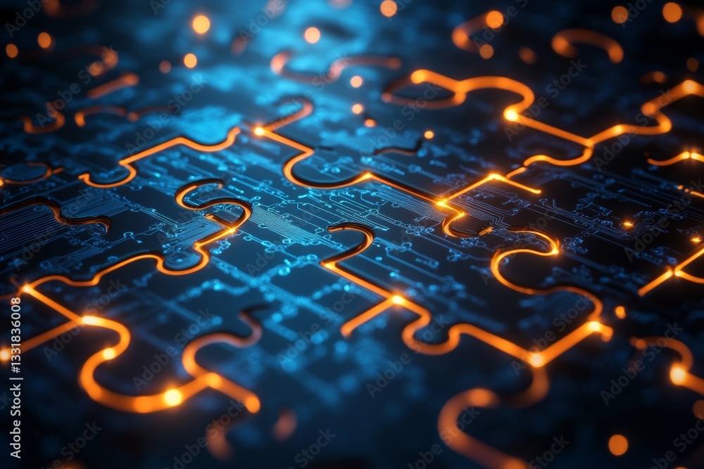 Poster Illuminated puzzle pieces interconnecting on a digital circuit board in a dark environment