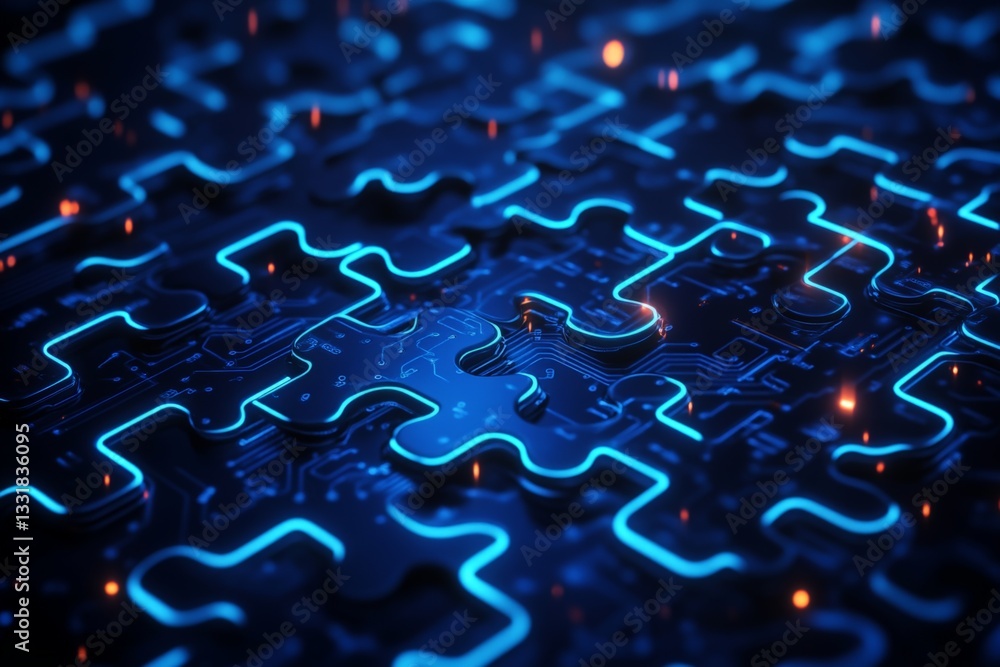 Aufkleber Digital puzzle pieces with glowing edges on a circuit board background create an intricate technology design