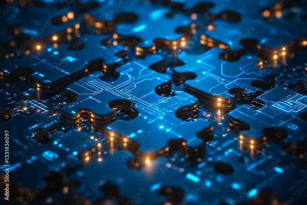 Poster Digital puzzle pieces illuminated by glowing circuits and technology motifs