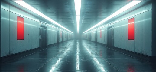 Fototapeta premium Futuristic Industrial Minimalist Concrete Underground Parking Space with Dim Ambient Lighting and Sleek Panels