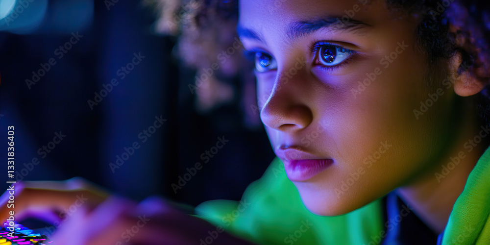 Poster close-up of child using illuminated keyboard