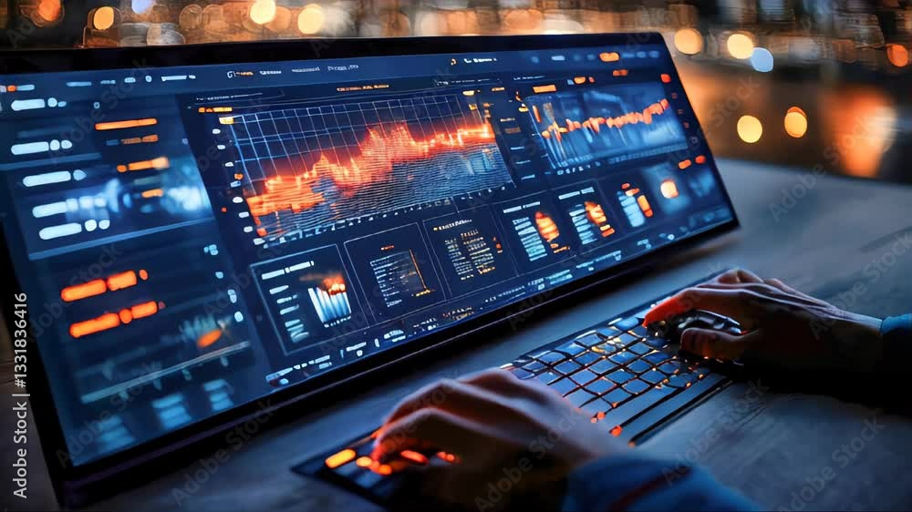 Poster a business analyst working on a futuristic computer dashboard displaying financial graphs, charts, a