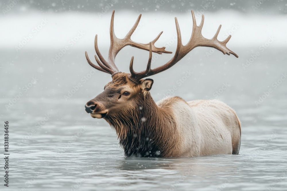Poster majestic elk wades through a serene lake under gentle snowfall during winter in a tranquil natural s