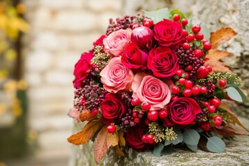 Beautiful bouquet of red and pink roses with berries and leaves arranged for a special occasion in a rustic setting