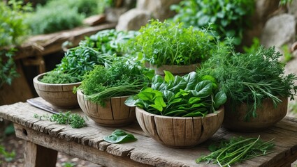 Fototapeta premium Freshly harvested organic herbs and greens in wooden bowls on a rustic table surrounded by nature.