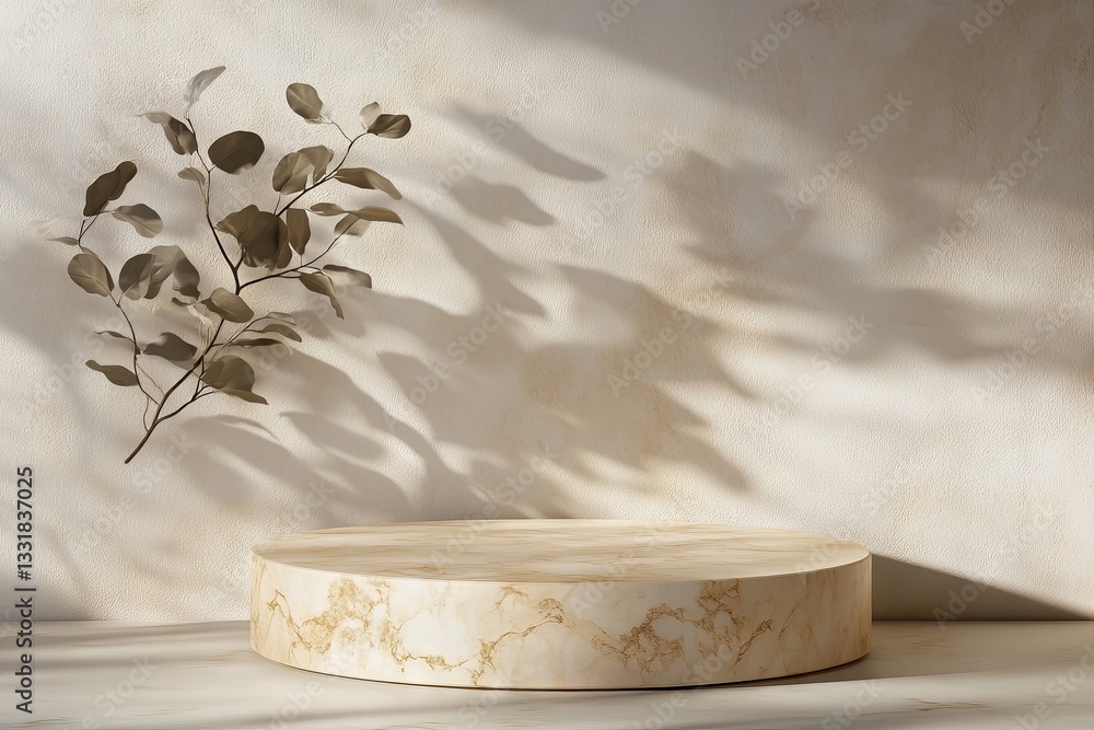 Aufkleber display podium with elegant marble texture and botanical shadows in a softly lit room