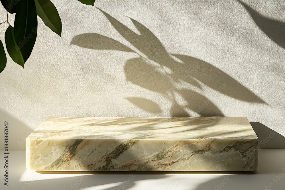 Poster Elegant marble display with soft shadows cast by foliage in a bright indoor setting
