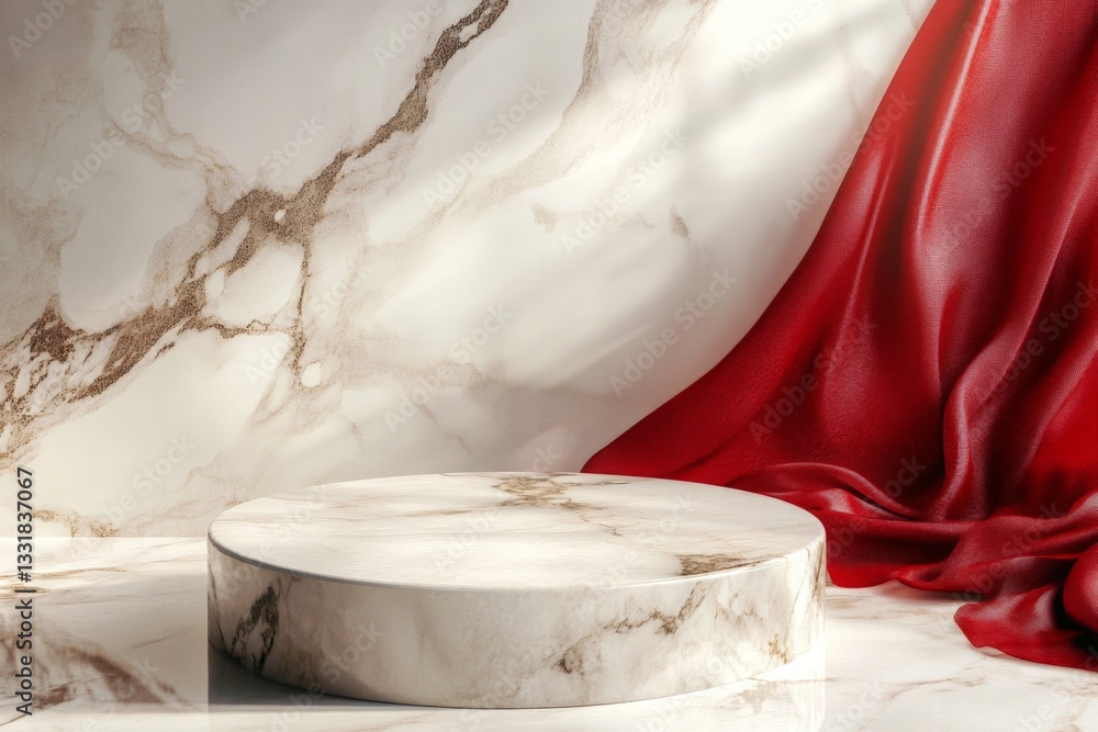 Poster elegant marble pedestal with rich red drapery in a serene indoor setting during daylight