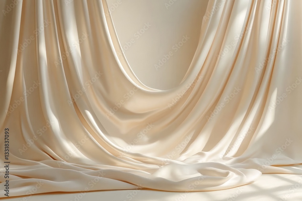 Poster soft cream fabric draped elegantly in a sunlit room with gentle shadows cast on the floor