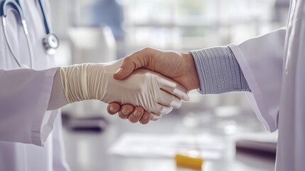Ethicists and doctors in pearl gloves shaking hands over trial consent forms, minimalist lab,