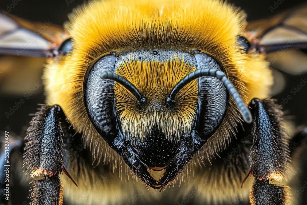 Poster Close-up view of a bee highlighting intricate details of its eyes and fur in a natural setting during sunny weather
