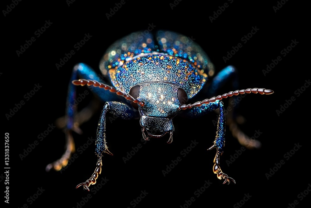 Poster Close-up view of a vibrant blue beetle showcasing intricate patterns and textures in a dark background