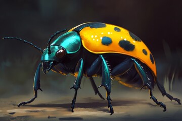 Naklejka premium Brightly colored beetle on the forest floor under soft natural light during late afternoon