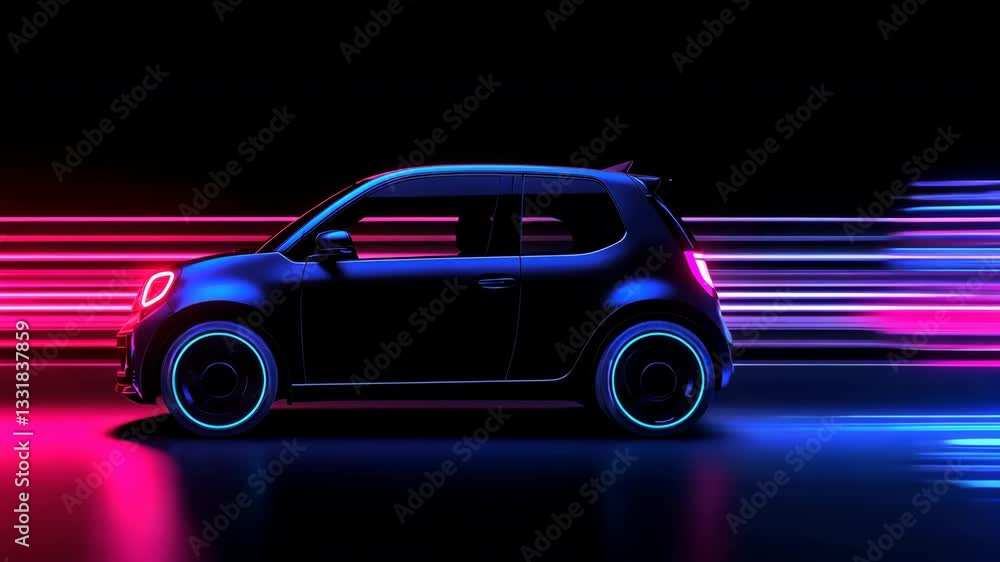 Poster sleek, futuristic compact car illuminated by vibrant neon lights creating dynamic and modern atmosph