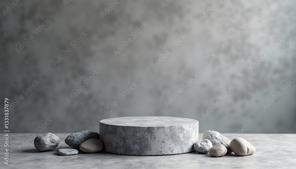 Poster a minimalist setting featuring a round stone platform surrounded by smaller rocks against a textured