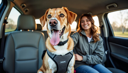 Smiling woman with her happy dog secured in a car during a joyful road trip