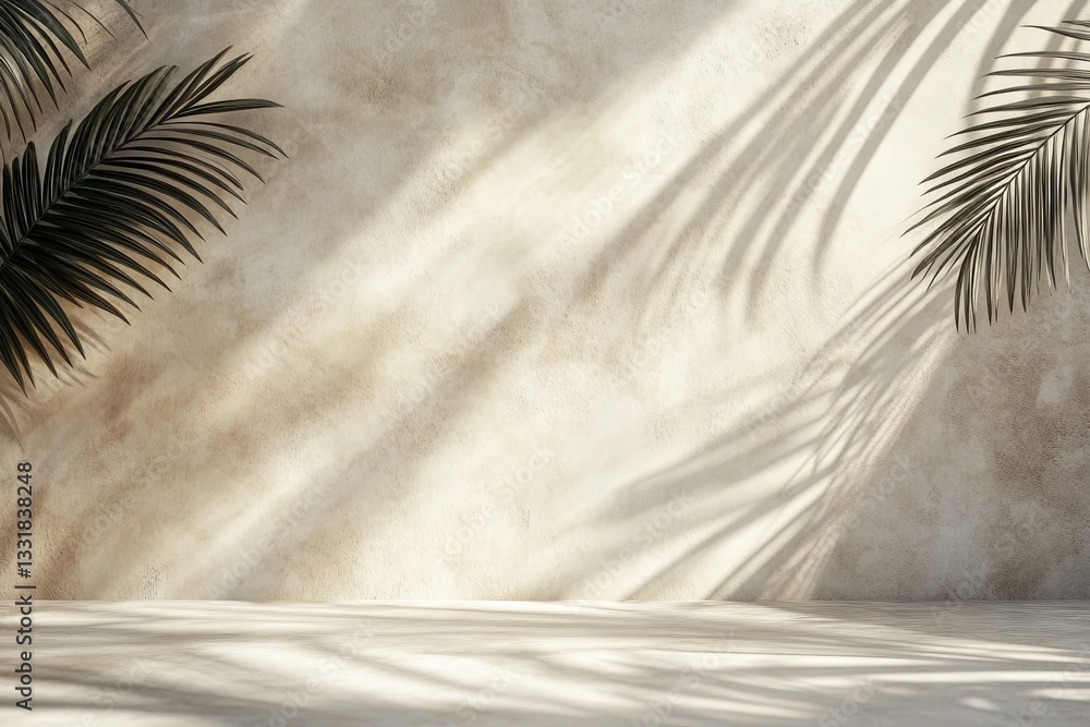 Poster Sunlight casts palm shadows on a textured wall in an indoor space, creating a serene and calming atmosphere during the afternoon