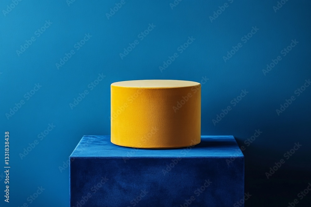 Poster bright yellow cylindrical object on a blue pedestal against a solid blue background in a minimalist 