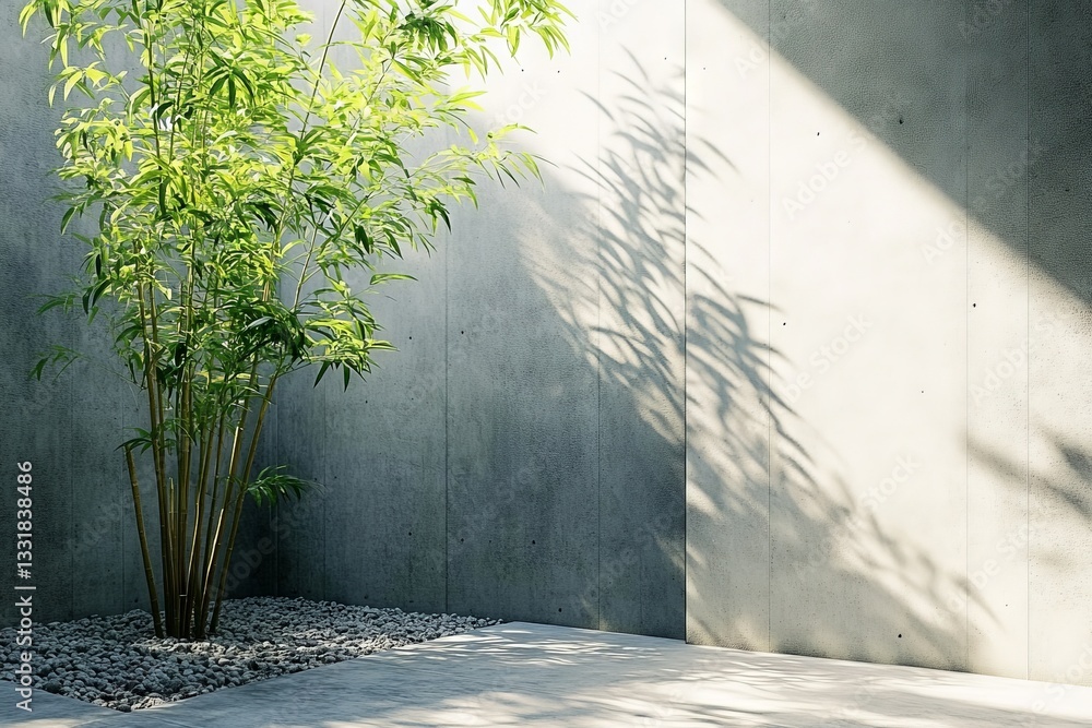 Aufkleber Bamboo plant creating a serene atmosphere in a modern concrete courtyard at midday