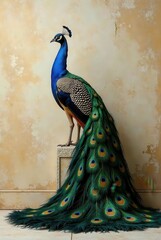 A Majestic Peacock Displays Its Opulent Plumage on a Simple Pedestal Against a Textured Wall