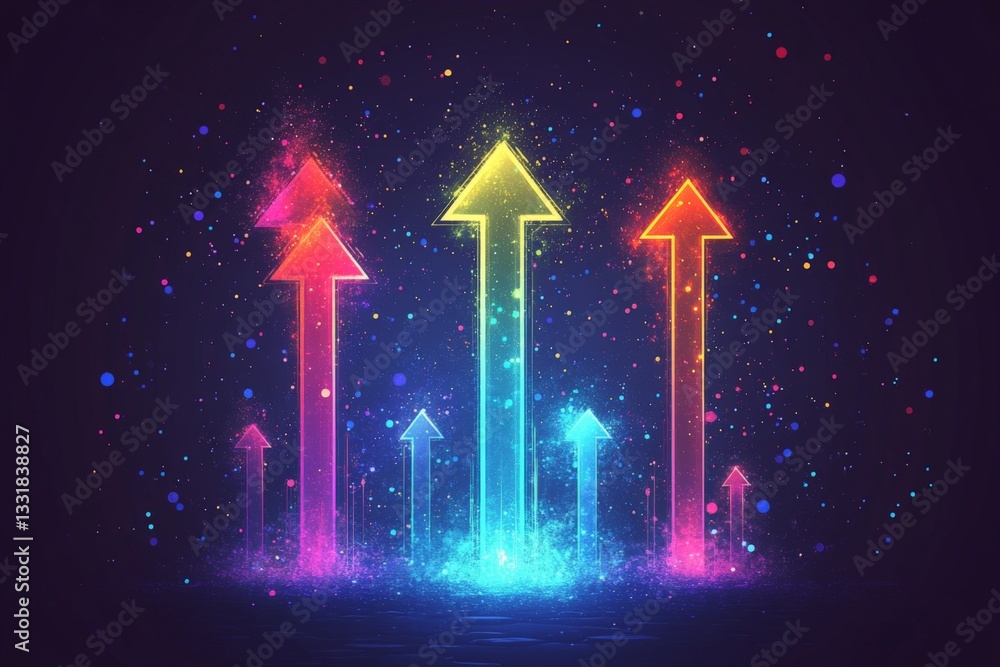 Poster Colorful arrows rise dramatically against a dark background, demonstrating upward movement and growth in a dynamic and vibrant atmosphere